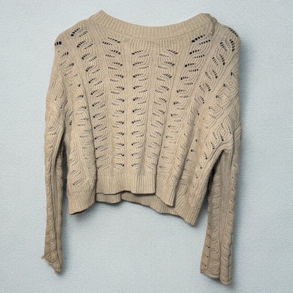 Poof Apparel Crop Sweater Women Sz S Beige Open Knit Boxy Oversized‎ Cottagecore